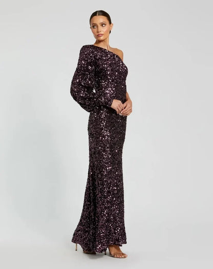 Glamorous Sheath One-Shoulder Long Sleeve Sparkling Aubergine Floor-Length Mother of the Bride Gown