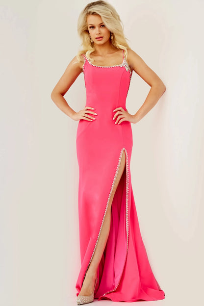 Glamorous Sheath Scoop Neck Sleeveless Beaded High Slit Hot Pink Floor-Length Evening Gown
