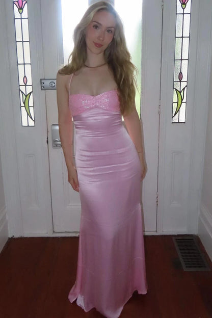 Glamorous Sheath Sweetheart Sleeveless Sequin Lace-Up Pink Long Prom Dresses For Women