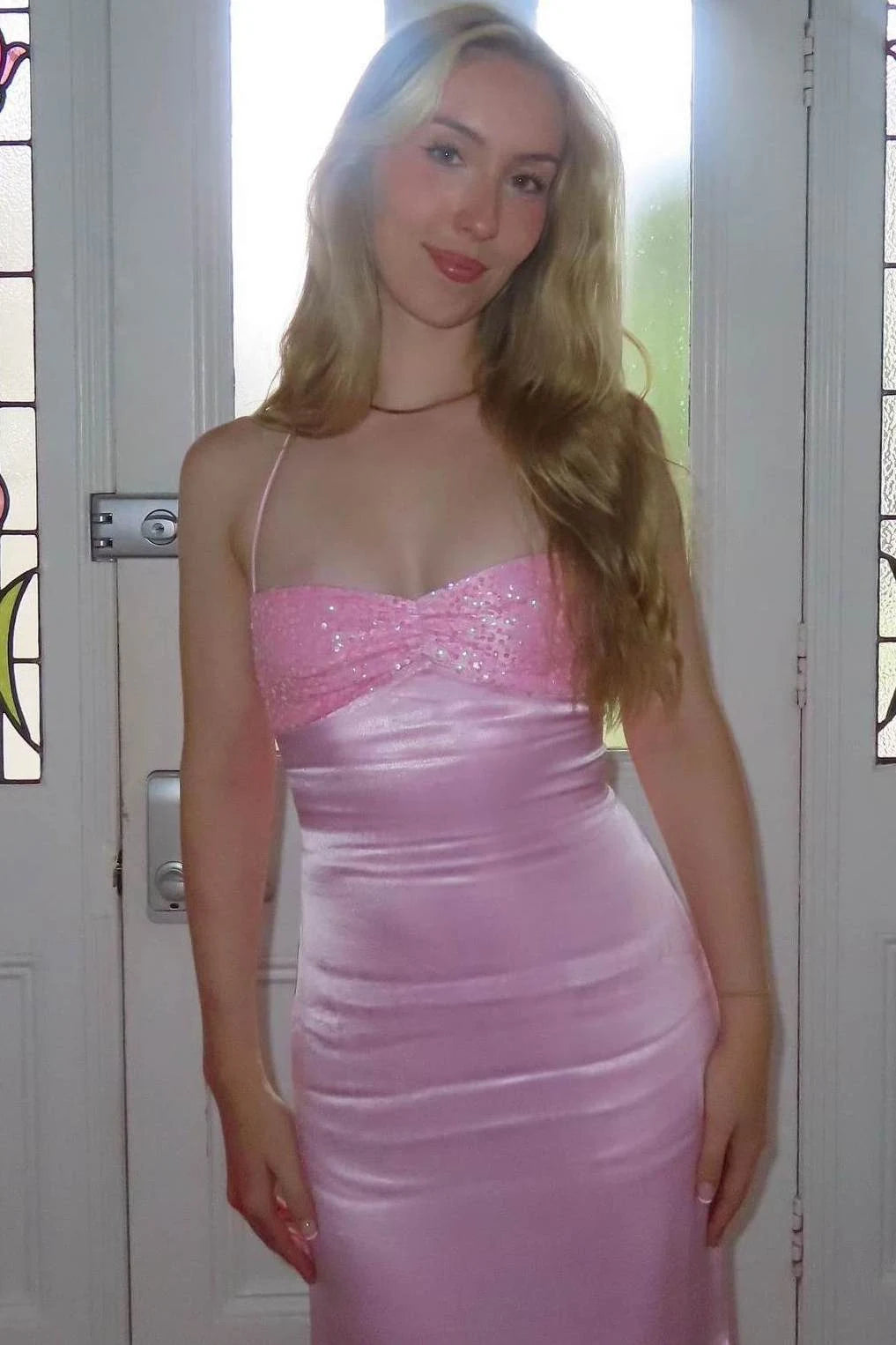 Glamorous Sheath Sweetheart Sleeveless Sequin Lace-Up Pink Long Prom Dresses For Women
