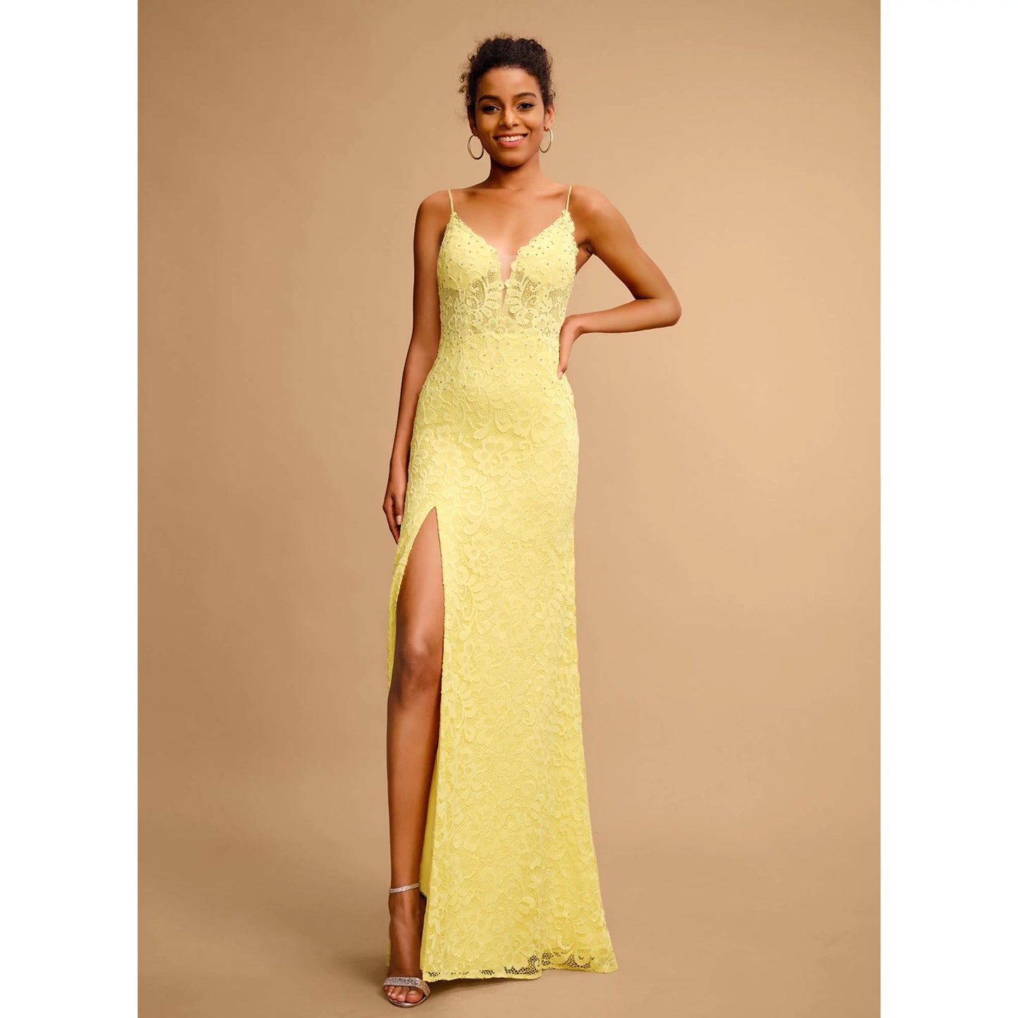 Glamorous Sheath V-Neck Sleeveless Sparkling High-Slit Lemon Yellow Floor-Length Prom Gown