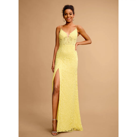 Glamorous Sheath V-Neck Sleeveless Sparkling High-Slit Lemon Yellow Floor-Length Prom Gown