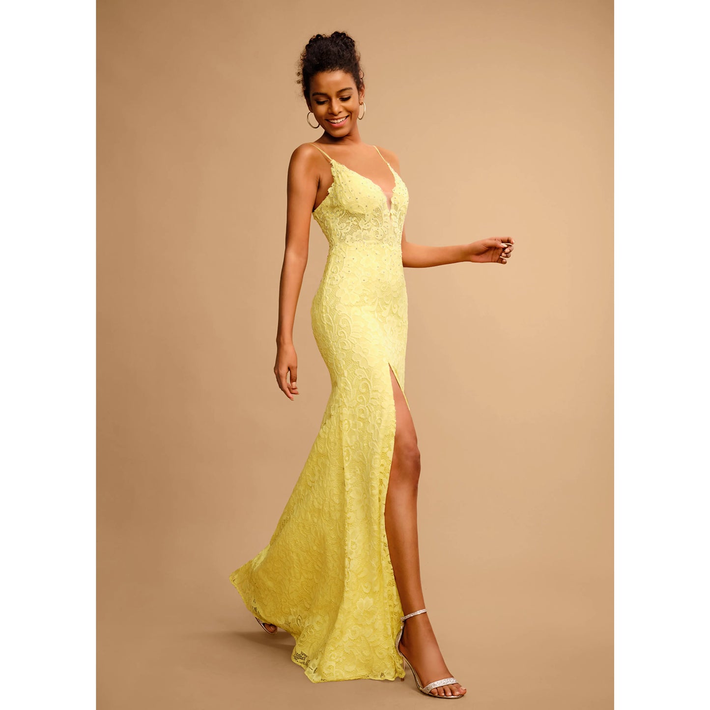 Glamorous Sheath V-Neck Sleeveless Sparkling High-Slit Lemon Yellow Floor-Length Prom Gown