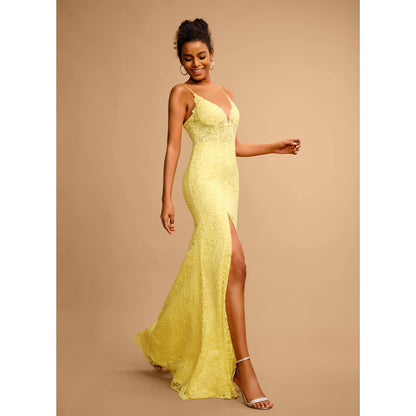 Glamorous Sheath V-Neck Sleeveless Sparkling High-Slit Lemon Yellow Floor-Length Prom Gown