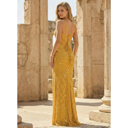 Glamorous Sparkling Mermaid Sweetheart Sleeveless High Slit Golden Floor-Length Prom Dresses Women's Gown