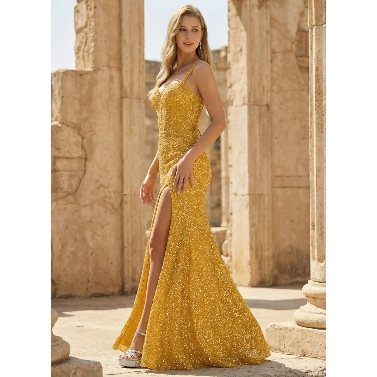 Glamorous Sparkling Mermaid Sweetheart Sleeveless High Slit Golden Floor-Length Prom Dresses Women's Gown