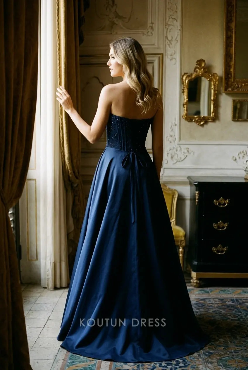 Glamorous Sweetheart Strapless Beaded Corset Navy Blue Floor-Length Prom Gown