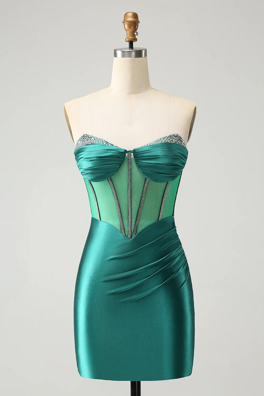 Dark green glitter strapless corset homecoming dress.
