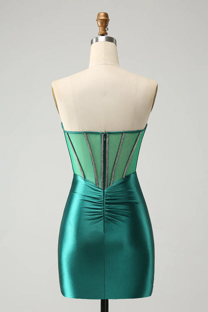 Back view of a dark green glitter strapless homecoming dress.
