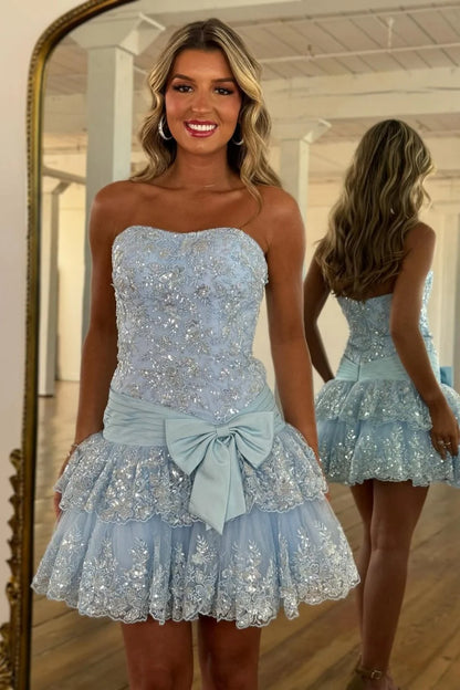 Glitter A-line strapless short sequin homecoming dress.