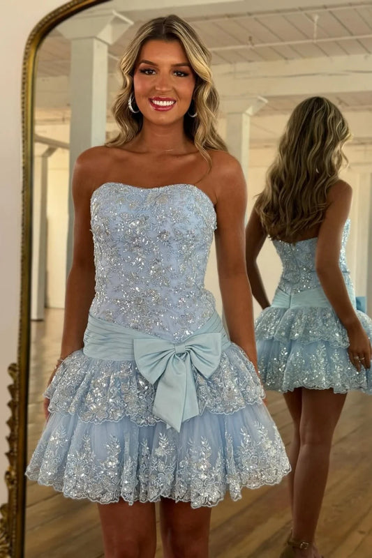 Glitter A-line strapless short sequin homecoming dress.
