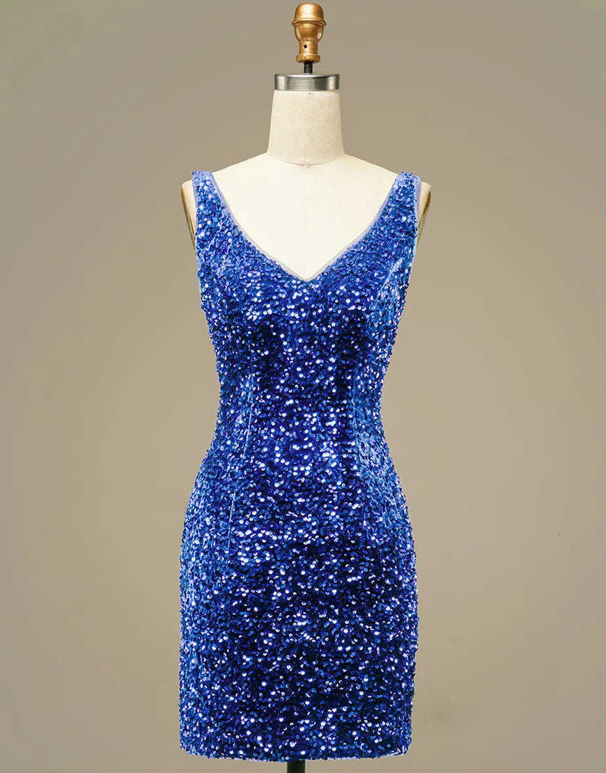 Back view of a model showcasing the glitter blue sequin A-line dress.