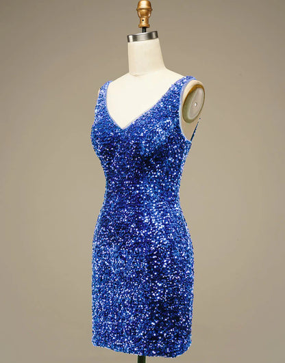 Close-up of the dazzling glitter blue sequin fabric on the short dress.