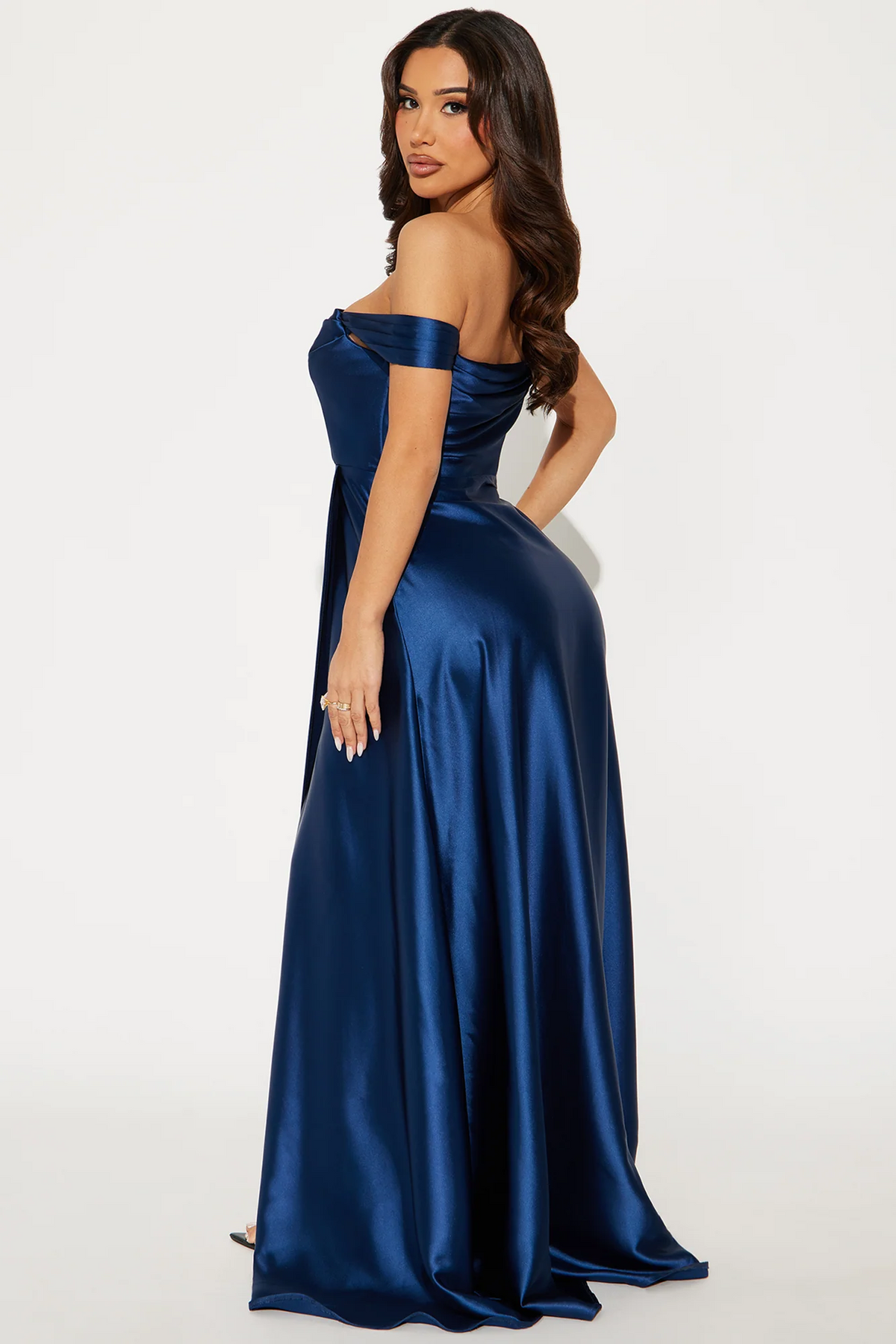 Glossy A-line Off-shoulder Short-sleeve Low-back Floor-length Evening Dress