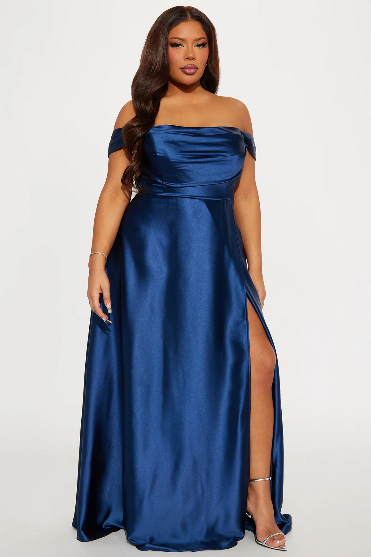 Glossy A-line Off-shoulder Short-sleeve Low-back Floor-length Evening Dress
