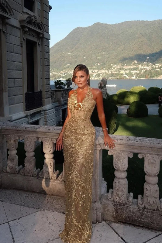 Gold Halter Neck Embroidered Floral Mermaid Long Formal Evening Prom Dress