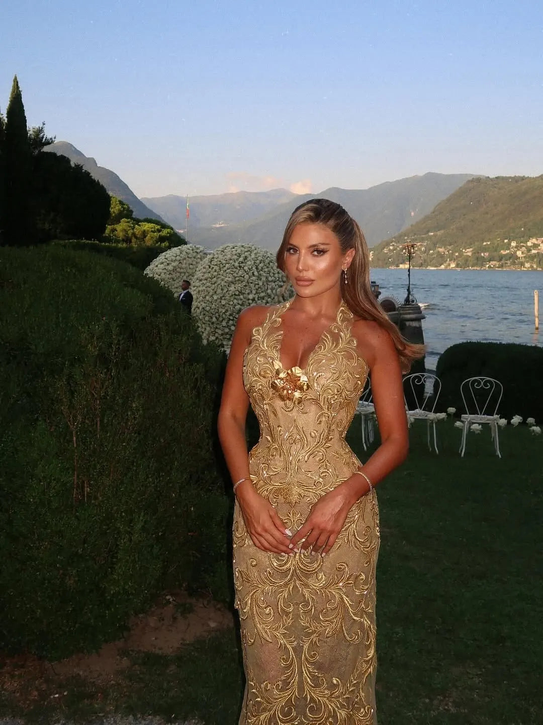 Gold Halter Neck Embroidered Floral Mermaid Long Formal Evening Prom Dress