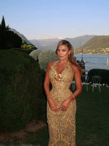 Gold Halter Neck Embroidered Floral Mermaid Long Formal Evening Prom Dress