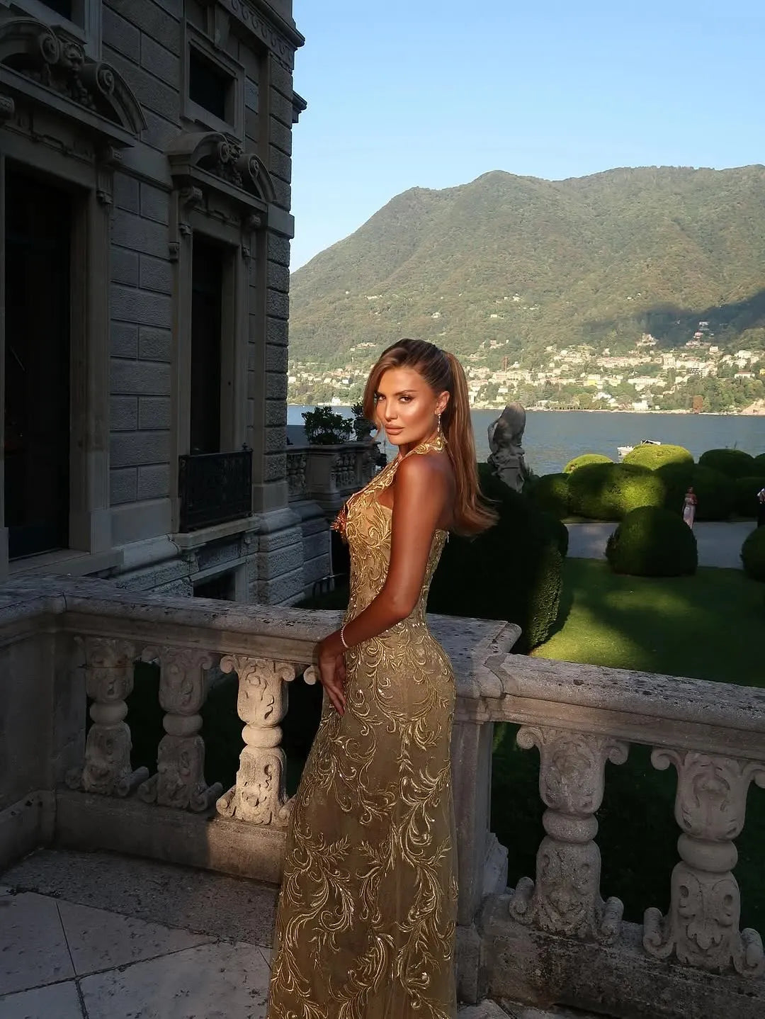 Gold Halter Neck Embroidered Floral Mermaid Long Formal Evening Prom Dress