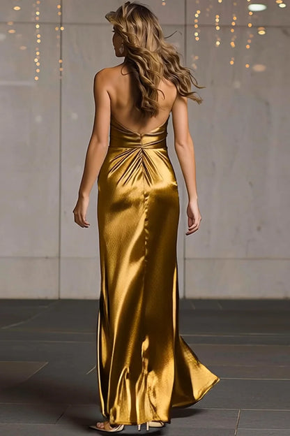 Gold Halter Prom Dress With Deep V Neck Ruched Bodice And High Slit Satin Mermaid Silhouette For Formal Evening Party
