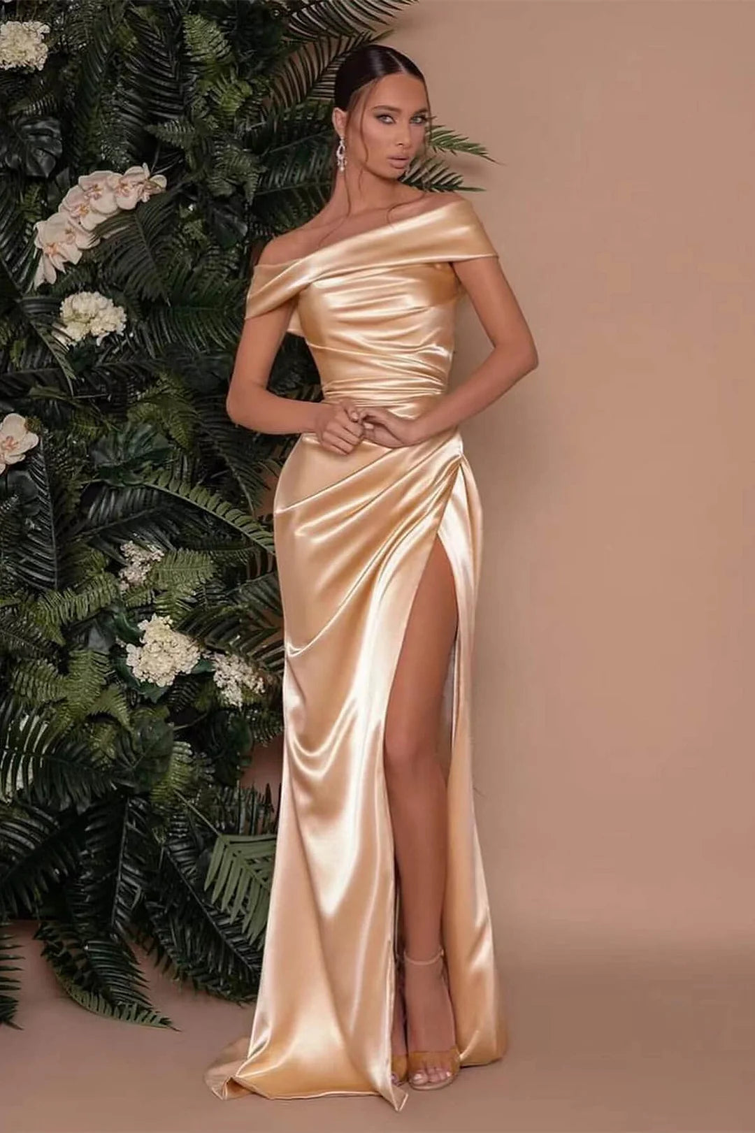 Gold Off Shoulder Satin Prom Dress with High Slit and Ruched Waist for Formal Events and Prom Nights