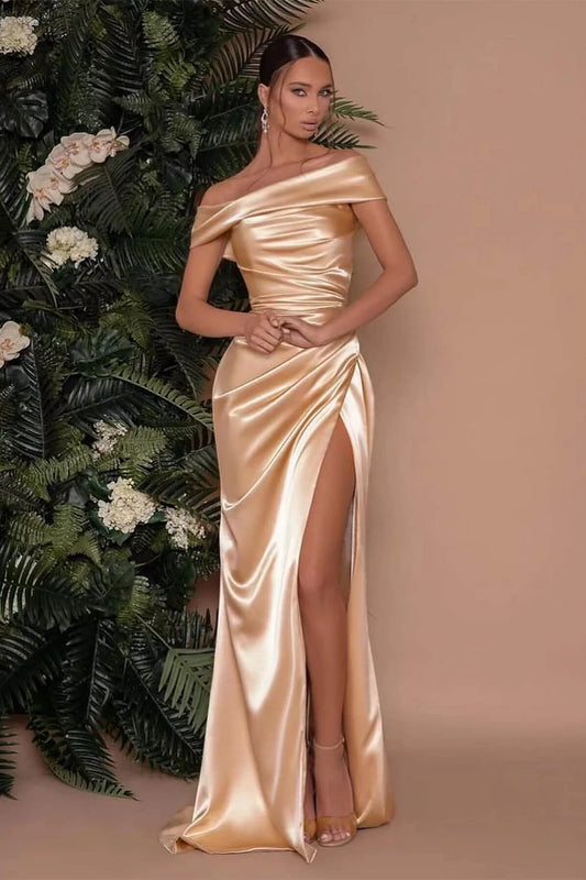 Gold Off Shoulder Satin Prom Dress with High Slit and Ruched Waist for Formal Events and Prom Nights