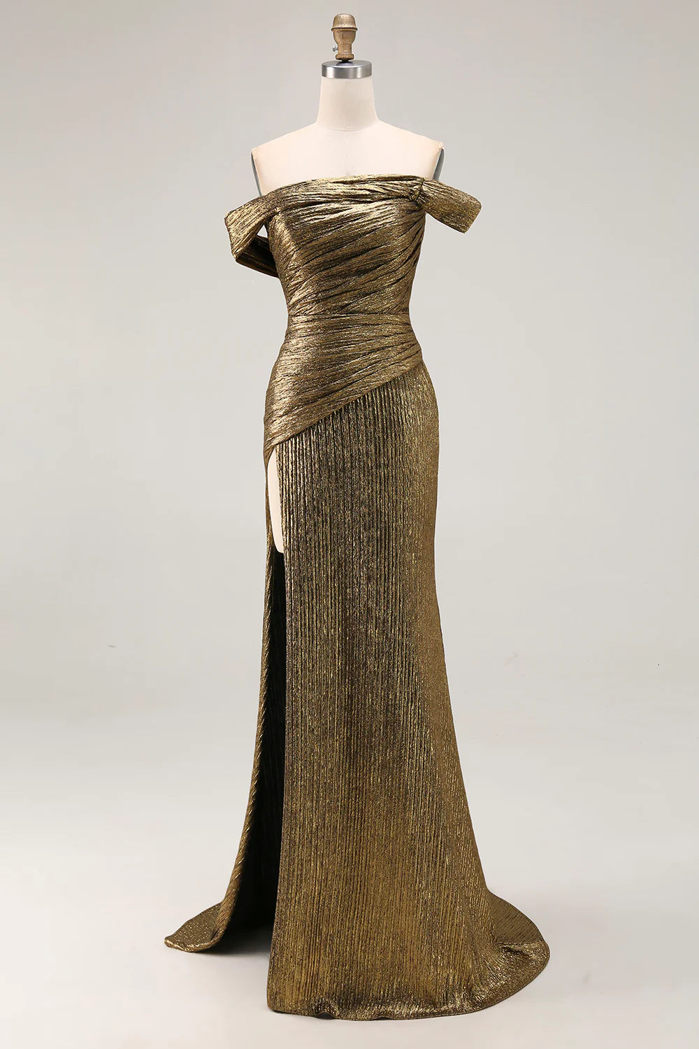 Gold Off The Shoulder Prom Dress With Ruched Bodice And High Slit Mermaid Silhouette For Formal Evening Party