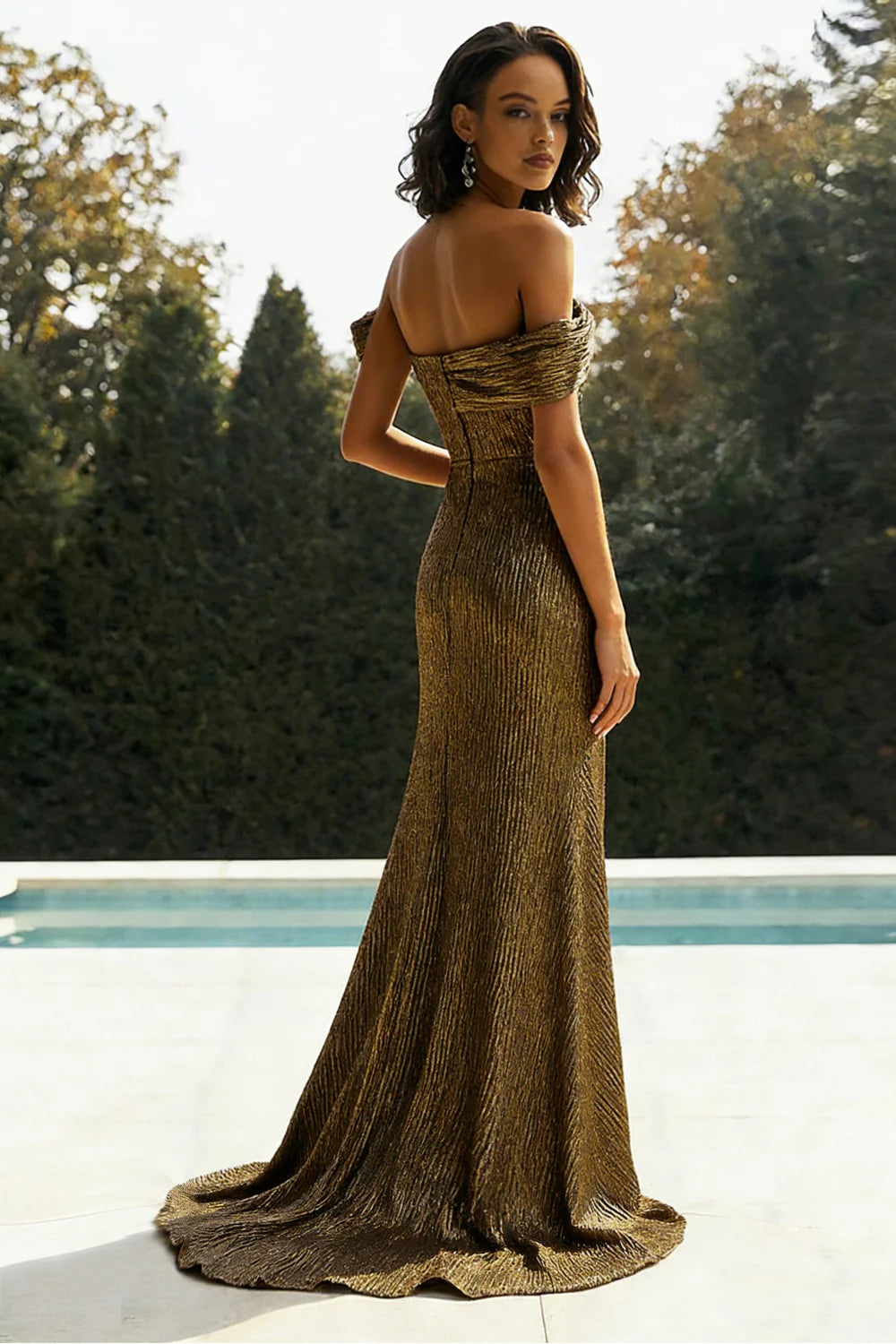 Gold Off The Shoulder Prom Dress With Ruched Bodice And High Slit Mermaid Silhouette For Formal Evening Party