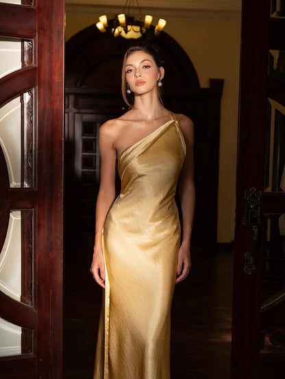 Gold Satin Maxi Prom Dresses with One Shoulder Crisscross Straps Open Back Mermaid Skirt for Prom and Gala
