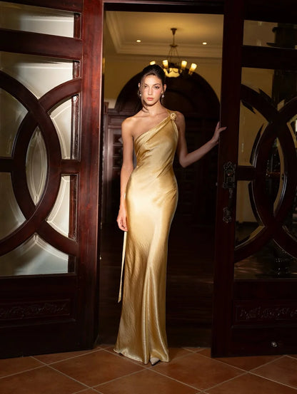 Gold Satin Maxi Prom Dresses with One Shoulder Crisscross Straps Open Back Mermaid Skirt for Prom and Gala