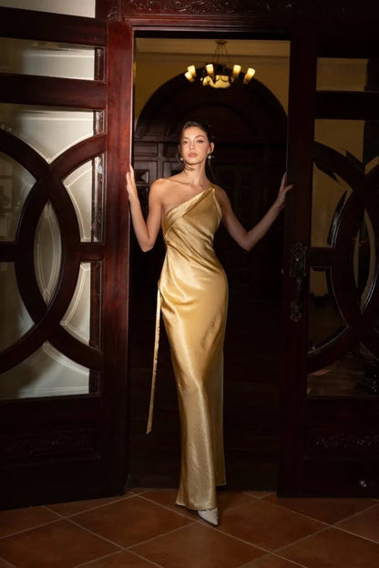 Gold Satin Maxi Prom Dresses with One Shoulder Crisscross Straps Open Back Mermaid Skirt for Prom and Gala
