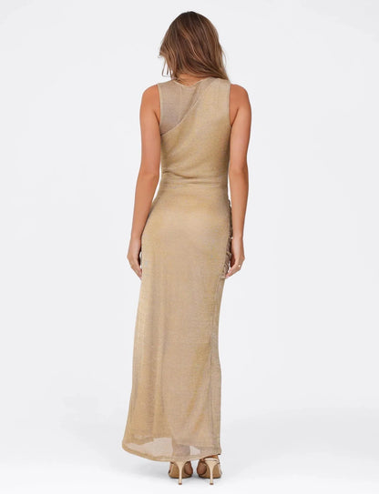 Gold Shimmer Knit Asymmetrical Neck Tie Front High Slit Mermaid Floor Length Prom Dress