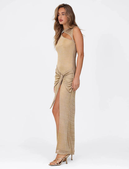 Gold Shimmer Knit Asymmetrical Neck Tie Front High Slit Mermaid Floor Length Prom Dress