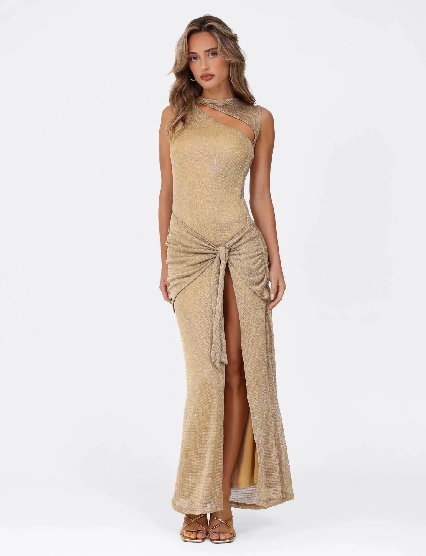 Gold Shimmer Knit Asymmetrical Neck Tie Front High Slit Mermaid Floor Length Prom Dress