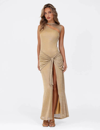 Gold Shimmer Knit Asymmetrical Neck Tie Front High Slit Mermaid Floor Length Prom Dress