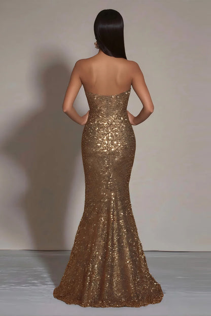 Gold Strapless Prom Dress With Sweetheart Neckline And High Slit Sequin Mermaid Silhouette For Formal Evening Party