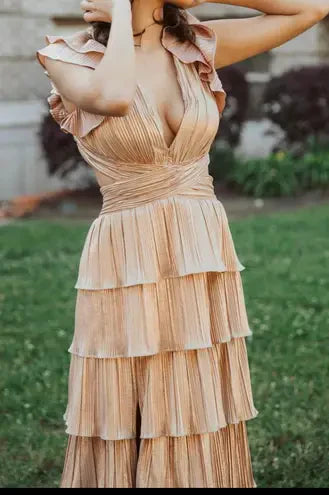 Gold V Neck Prom Dress With Ruffled Cap Sleeves Cutout Waist And Tiered Ruffled Skirt Formal Prom Dress