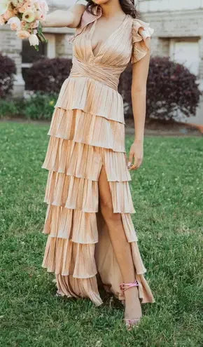 Gold V Neck Prom Dress With Ruffled Cap Sleeves Cutout Waist And Tiered Ruffled Skirt Formal Prom Dress