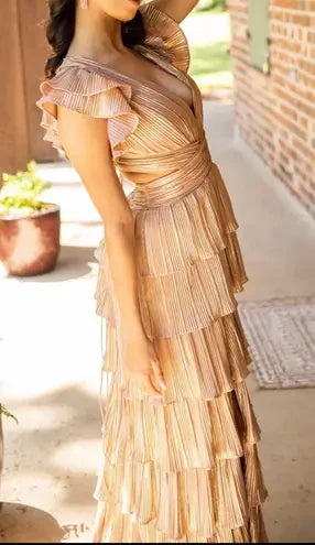 Gold V Neck Prom Dress With Ruffled Cap Sleeves Cutout Waist And Tiered Ruffled Skirt Formal Prom Dress