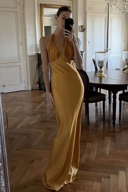 Golden Yellow Halter V Neck Ruched Satin Mermaid Long Prom Dress