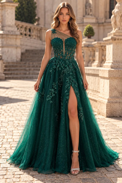 Gorgeous A-Line One-Shoulder Sleeveless Beaded Slit Green Long Prom Dresses Gown