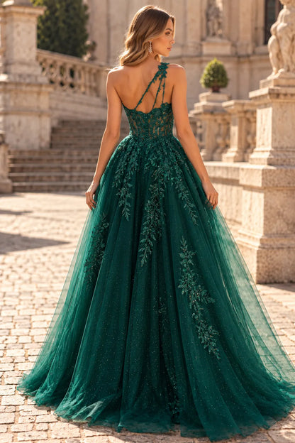 Gorgeous A-Line One-Shoulder Sleeveless Beaded Slit Green Long Prom Dresses Gown