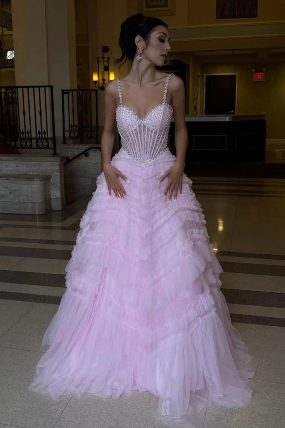 Gorgeous A-Line Sweetheart Sleeveless Corset Tiered Pink Long Prom Dresses Gown