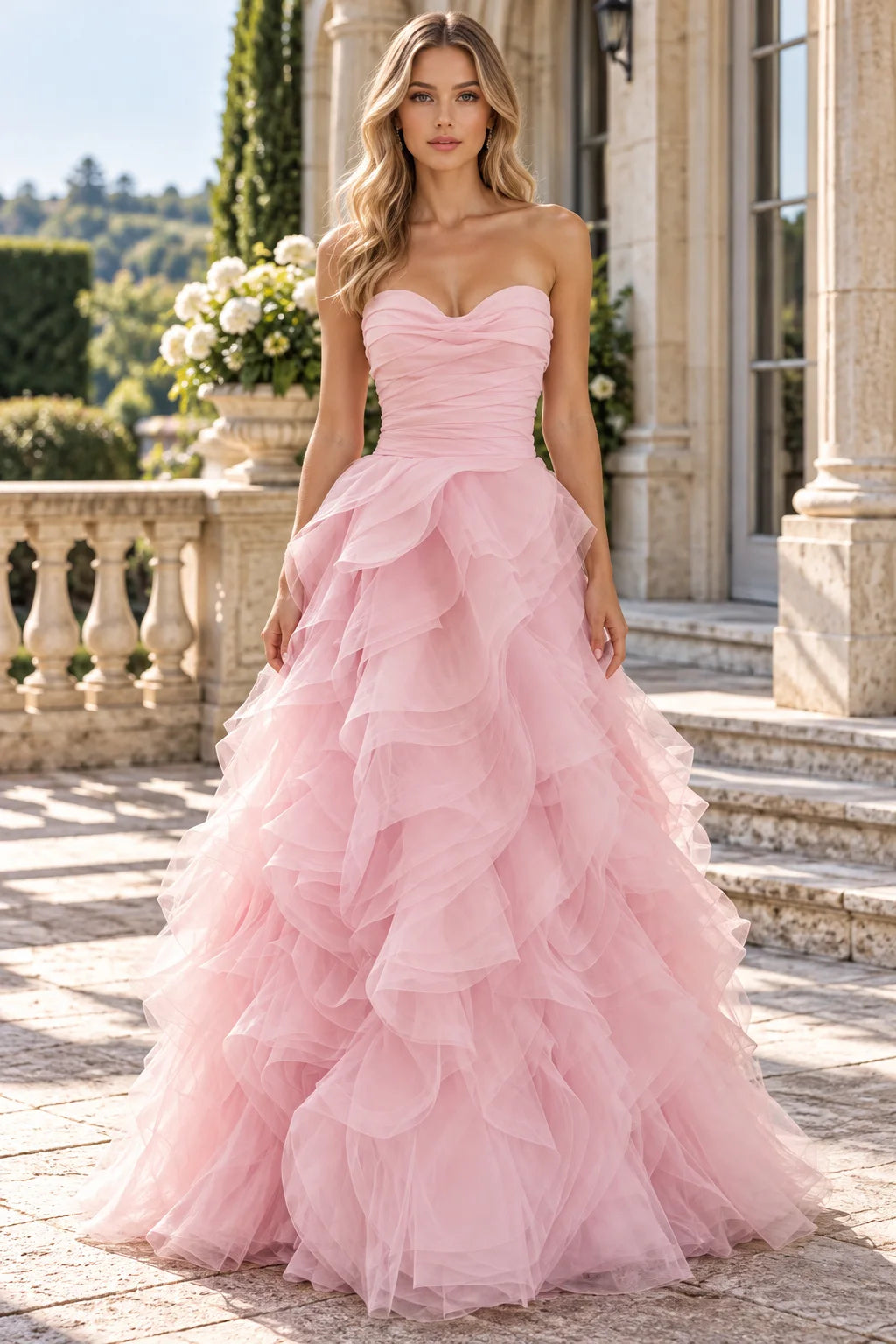 Koutun Pink Prom Dress Sweetheart Tiered Gown Formal Evening Shop Now ...