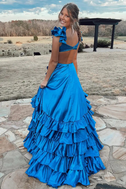 Gorgeous A-Line V-Neck Sleeveless Ruffled Cutout Blue Maxi Prom Dresses Gown
