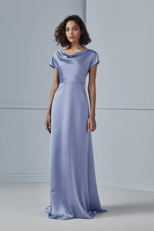 Graceful A-Line Cowl Neck Cap Sleeve Flowy Periwinkle Floor-Length Bridesmaid Dress