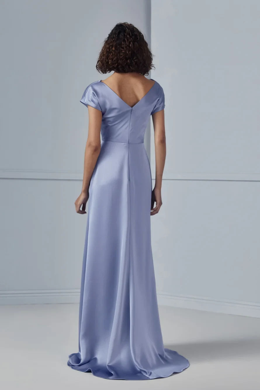 Graceful A-Line Cowl Neck Cap Sleeve Flowy Periwinkle Floor-Length Bridesmaid Dress