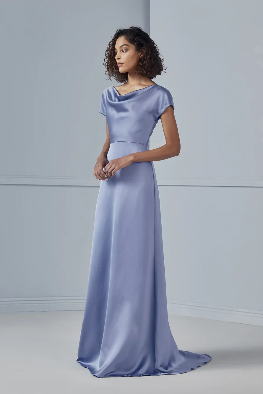 Graceful A-Line Cowl Neck Cap Sleeve Flowy Periwinkle Floor-Length Bridesmaid Dress