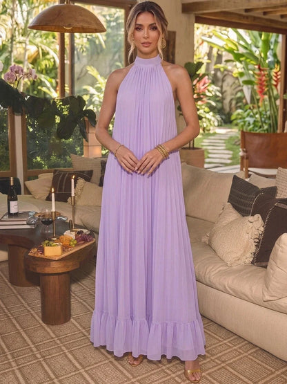 Graceful A-Line Halter Sleeveless Pleated Lavender Maxi Prom Dresses Women Gown