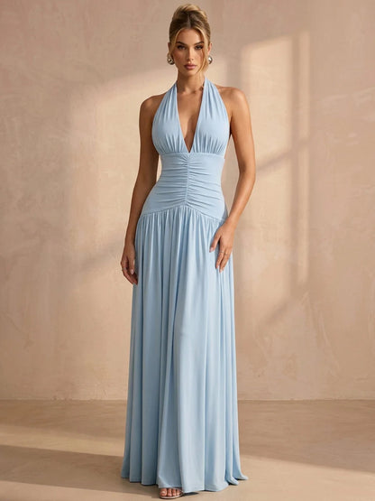 Graceful A-Line Halter Sleeveless Ruched Backless Blue Maxi Prom Dresses Women